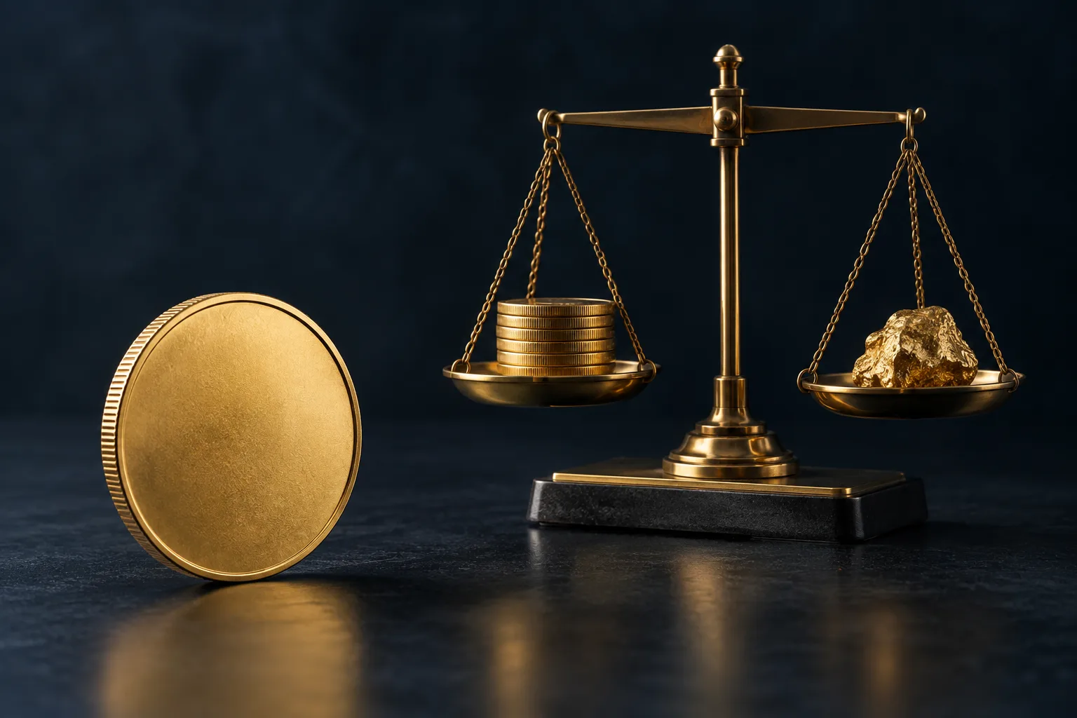 سکه طلای بدون نشان کنار ترازوی دقیق برای نمایش تفاوت قیمت بازار و ارزش ذاتی